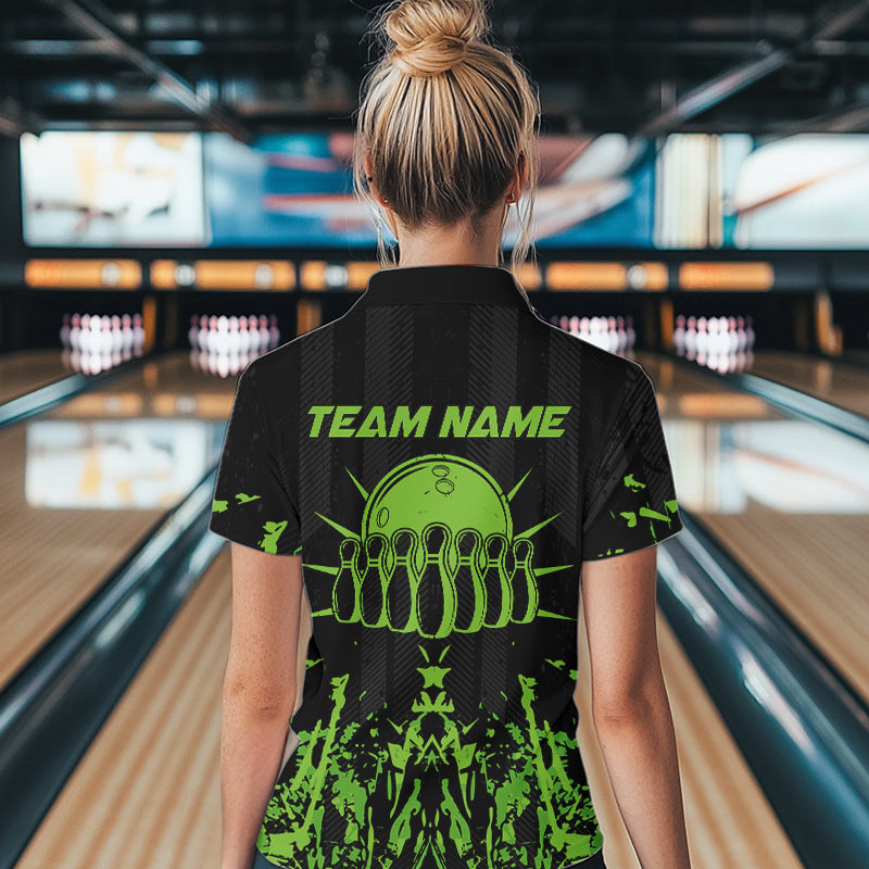 Black and Green Camo Bowling Team Shirts For Women Custom Bowling Uniform Polo, Quarter Zip Shirts NQS9665