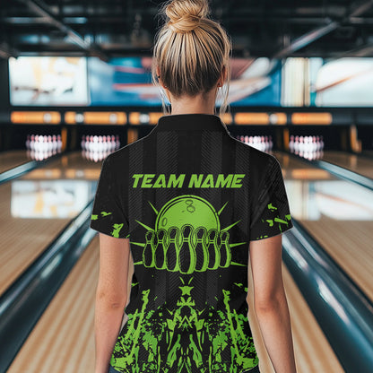 Black and Green Camo Bowling Team Shirts For Women Custom Bowling Uniform Polo, Quarter Zip Shirts NQS9665