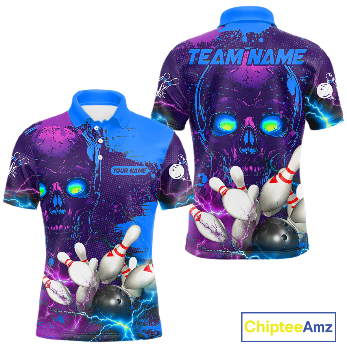Purple and Blue Lightning Thunder Storm Skull Bowling Shirts For Men Custom Bowling Team Jerseys NQS11729