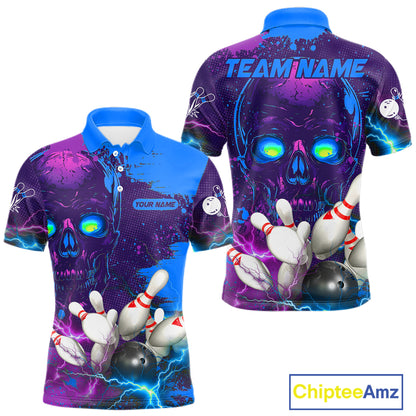 Purple and Blue Lightning Thunder Storm Skull Bowling Shirts For Men Custom Bowling Team Jerseys NQS11729
