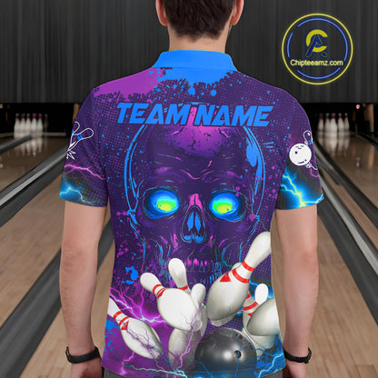 Purple and Blue Lightning Thunder Storm Skull Bowling Shirts For Men Custom Bowling Team Jerseys NQS11729