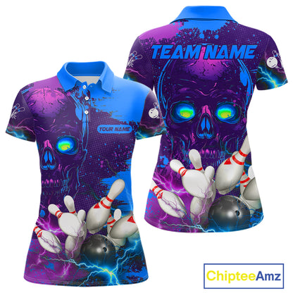 Purple and Blue Lightning Thunder Storm Skull Bowling Shirts For Women Custom Bowling Team Jerseys NQS11729