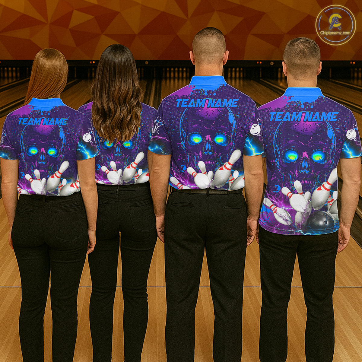 Purple and Blue Lightning Thunder Storm Skull Bowling Shirts For Men Custom Bowling Team Jerseys NQS11729
