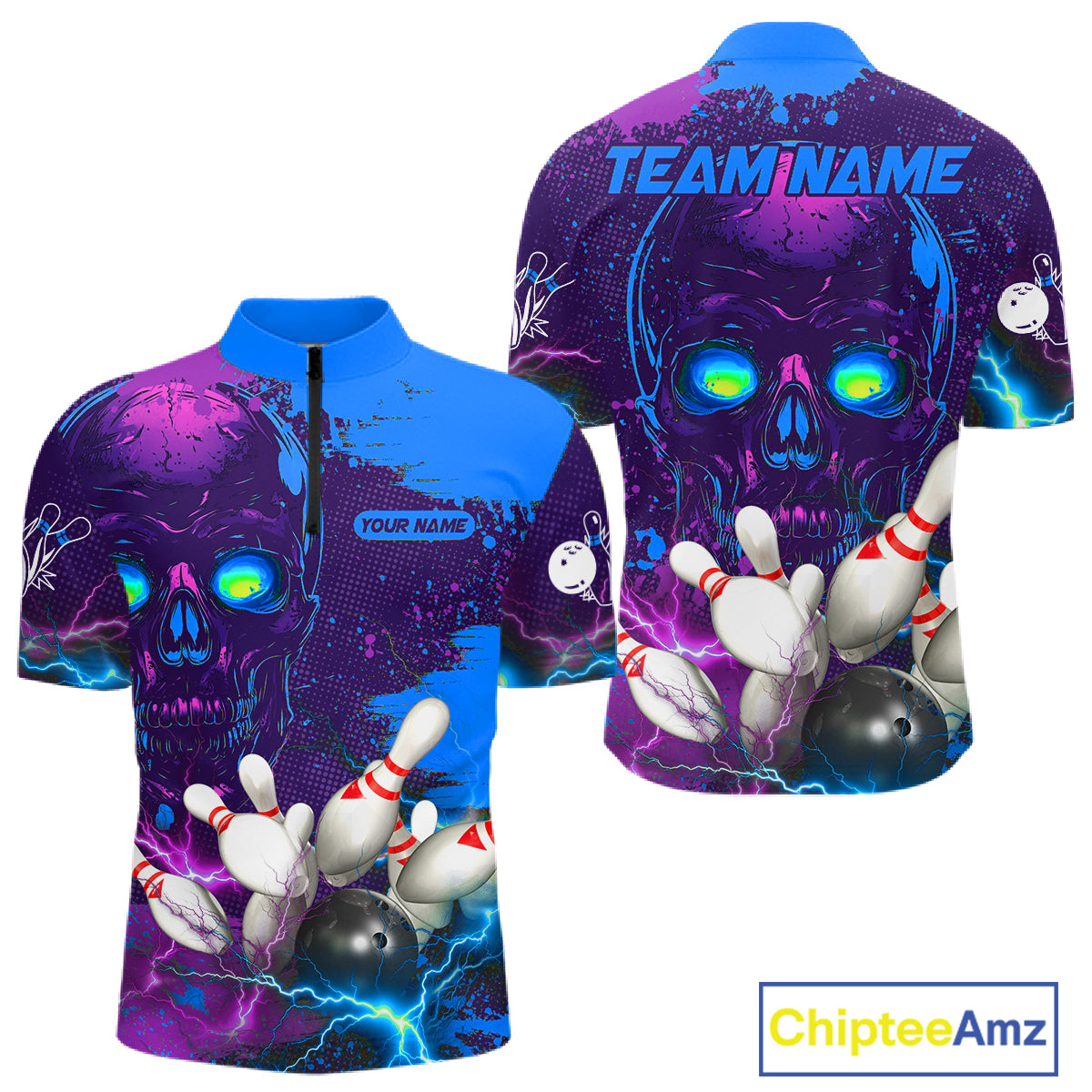 Purple and Blue Lightning Thunder Storm Skull Bowling Shirts For Men Custom Bowling Team Jerseys NQS11729
