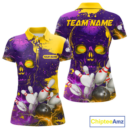 Purple and Yellow Lightning Thunder Storm Skull Bowling Shirts For Women Custom Bowling Team Jerseys NQS11730