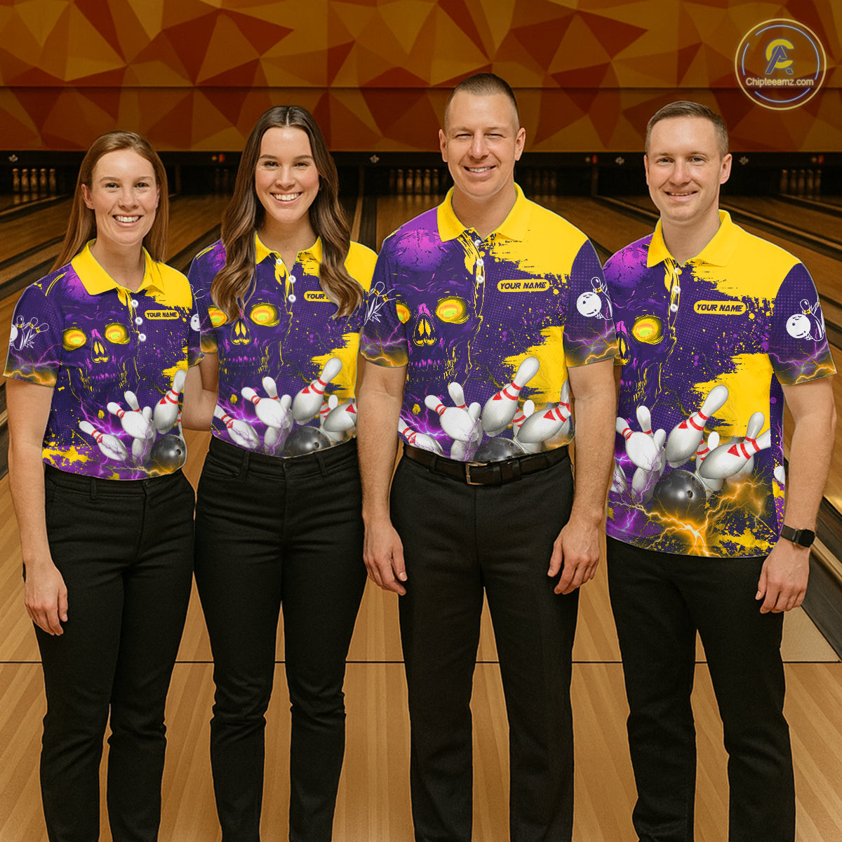 Purple and Yellow Lightning Thunder Storm Skull Bowling Shirts For Men Custom Bowling Team Jerseys NQS11730
