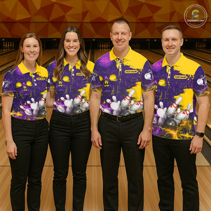 Purple and Yellow Lightning Thunder Storm Skull Bowling Shirts For Men Custom Bowling Team Jerseys NQS11730