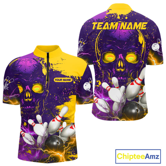 Purple and Yellow Lightning Thunder Storm Skull Bowling Shirts For Men Custom Bowling Team Jerseys NQS11730