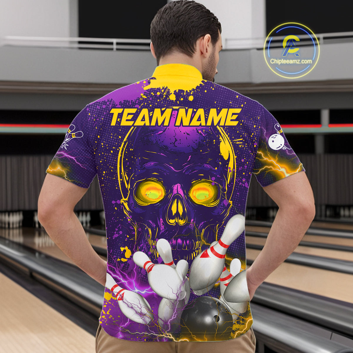 Purple and Yellow Lightning Thunder Storm Skull Bowling Shirts For Men Custom Bowling Team Jerseys NQS11730