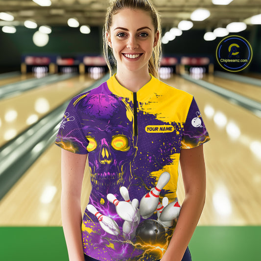 Purple and Yellow Lightning Thunder Storm Skull Bowling Shirts For Women Custom Bowling Team Jerseys NQS11730