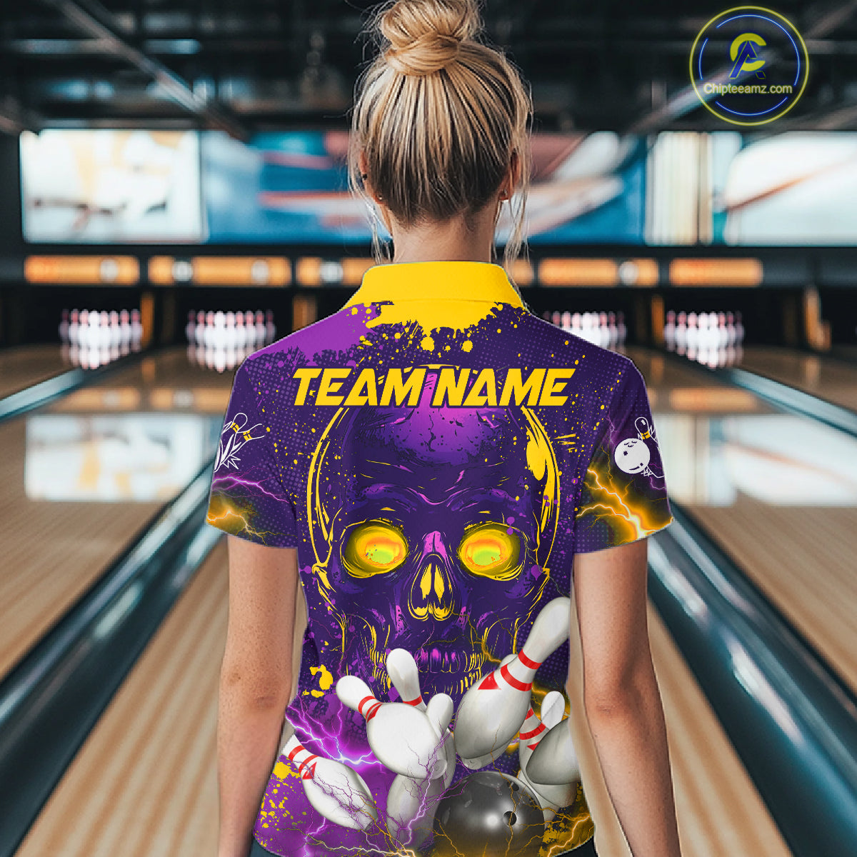 Purple and Yellow Lightning Thunder Storm Skull Bowling Shirts For Women Custom Bowling Team Jerseys NQS11730