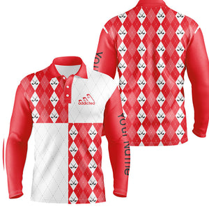 Golf addicted Mens golf polo shirts custom red and white golf ball clubs argyle plaid pattern golf NQS7446