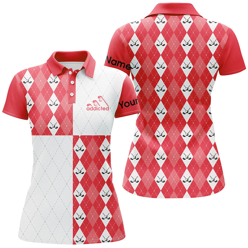 Golf addicted Womens golf polo shirts custom name red and white golf ball clubs argyle plaid pattern NQS7446