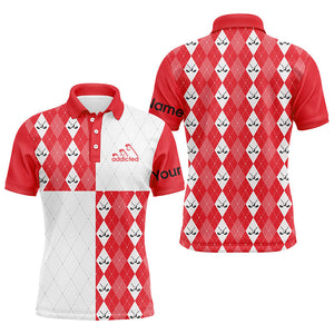 Golf addicted Mens golf polo shirts custom red and white golf ball clubs argyle plaid pattern golf NQS7446