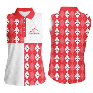 Golf addicted Womens sleeveless polo shirt custom red and white golf ball clubs argyle plaid pattern NQS7446