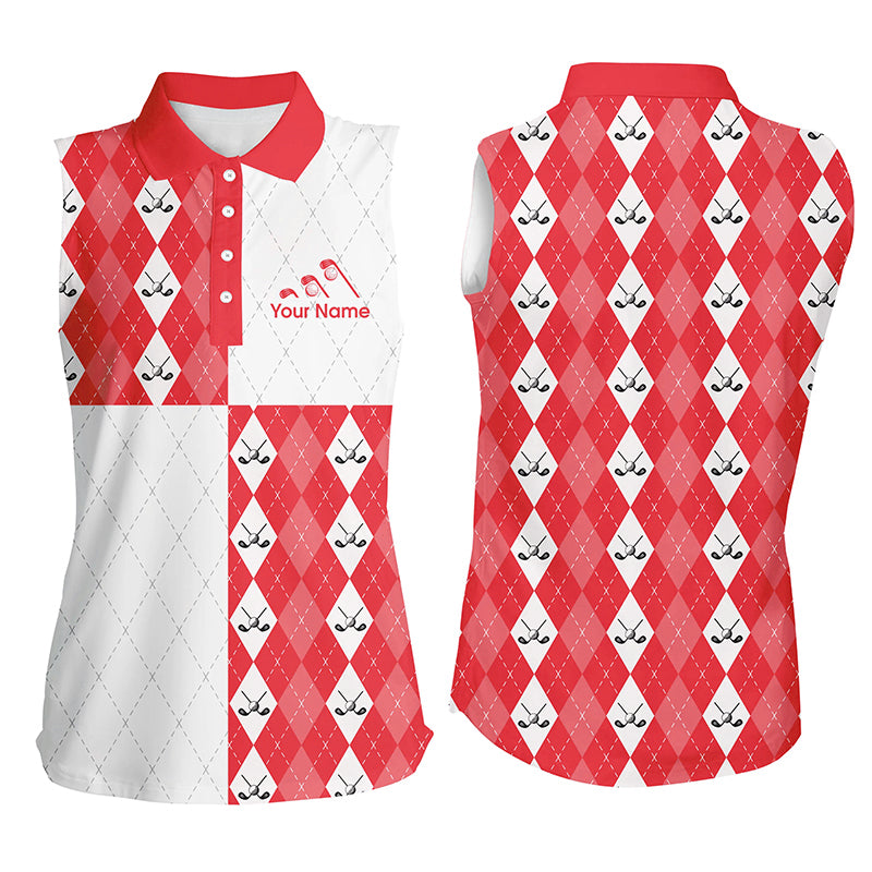 Golf addicted Womens sleeveless polo shirt custom red and white golf ball clubs argyle plaid pattern NQS7446