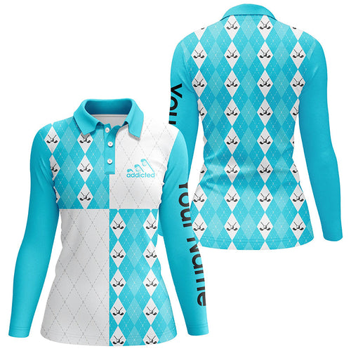 Golf addicted Womens golf polo shirts custom Cyan blue and white golf ball clubs argyle plaid pattern NQS7447