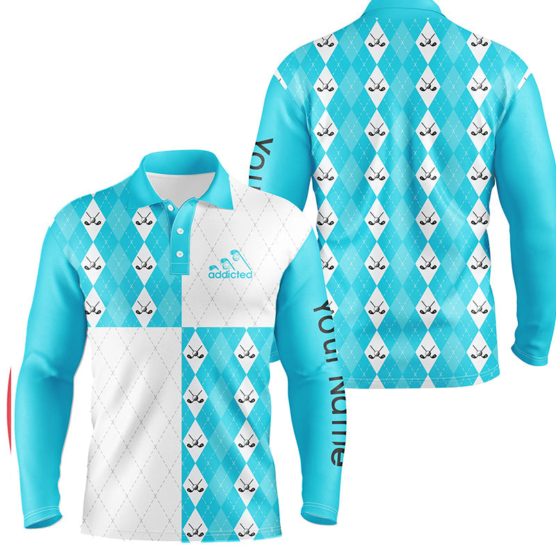 Golf addicted Mens golf polo shirts custom Cyan blue and white golf ball clubs argyle plaid pattern NQS7447