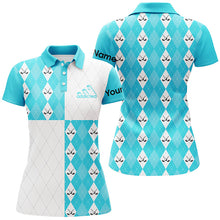 Load image into Gallery viewer, Golf addicted Womens golf polo shirts custom Cyan blue and white golf ball clubs argyle plaid pattern NQS7447
