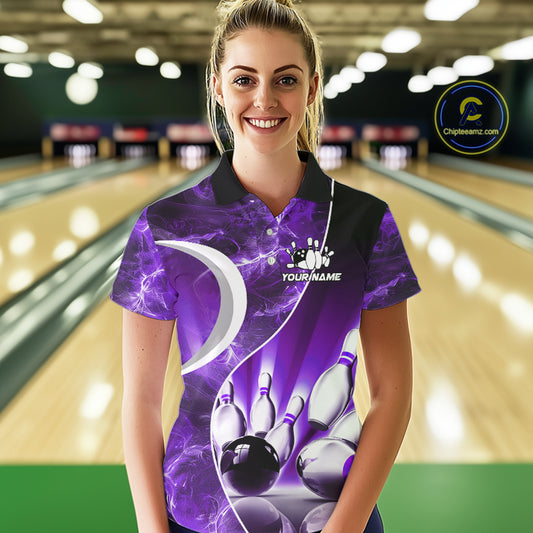 Purple Light pattern Bowling Polo, Quarter Zip shirts for Women Custom Bowling Team League Jerseys NQS9948