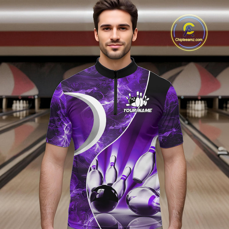 Purple Light pattern Bowling Polo, Quarter Zip shirts for men Custom Bowling Team League Jerseys NQS9948