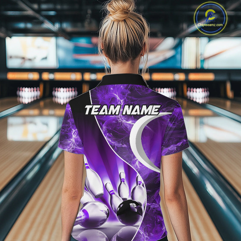 Purple Light pattern Bowling Polo, Quarter Zip shirts for Women Custom Bowling Team League Jerseys NQS9948