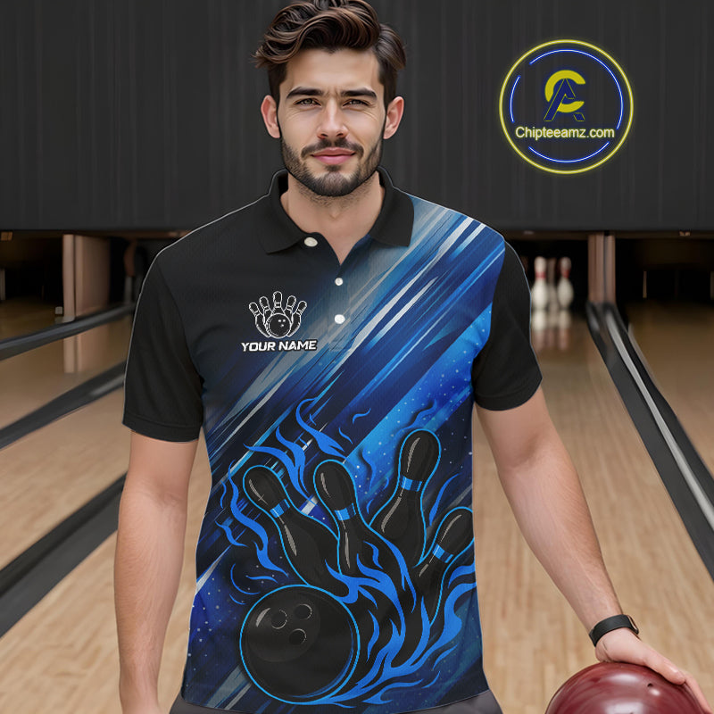Black and Blue Flame Bowling Polo, Quarter Zip Shirt For Men Custom Team Mens Bowling Jerseys NQS10099
