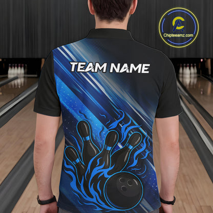 Black and Blue Flame Bowling Polo, Quarter Zip Shirt For Men Custom Team Mens Bowling Jerseys NQS10099