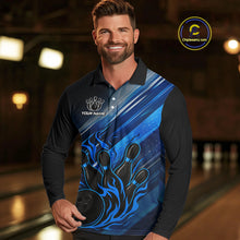 Load image into Gallery viewer, Black and Blue Flame Bowling Polo, Quarter Zip Shirt For Men Custom Team Mens Bowling Jerseys NQS10099