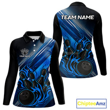 Load image into Gallery viewer, Black and Blue Flame Bowling Polo, Quarter Zip Shirt For Women Custom Team Ladies Bowling Jerseys NQS10099