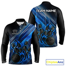 Load image into Gallery viewer, Black and Blue Flame Bowling Polo, Quarter Zip Shirt For Men Custom Team Mens Bowling Jerseys NQS10099