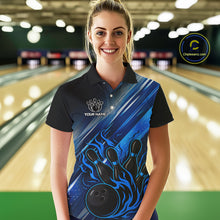 Load image into Gallery viewer, Black and Blue Flame Bowling Polo, Quarter Zip Shirt For Women Custom Team Ladies Bowling Jerseys NQS10099