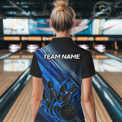 Black and Blue Flame Bowling Polo, Quarter Zip Shirt For Women Custom Team Ladies Bowling Jerseys NQS10099