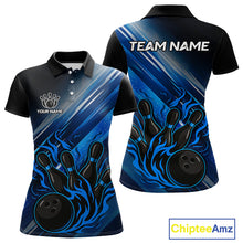 Load image into Gallery viewer, Black and Blue Flame Bowling Polo, Quarter Zip Shirt For Women Custom Team Ladies Bowling Jerseys NQS10099