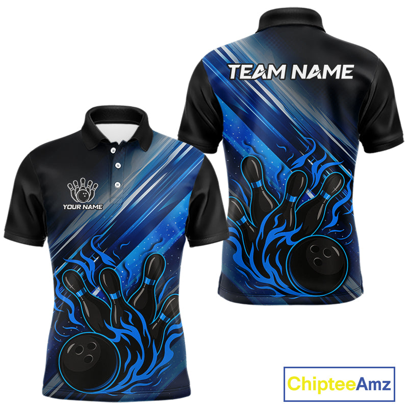 Black and Blue Flame Bowling Polo, Quarter Zip Shirt For Men Custom Team Mens Bowling Jerseys NQS10099
