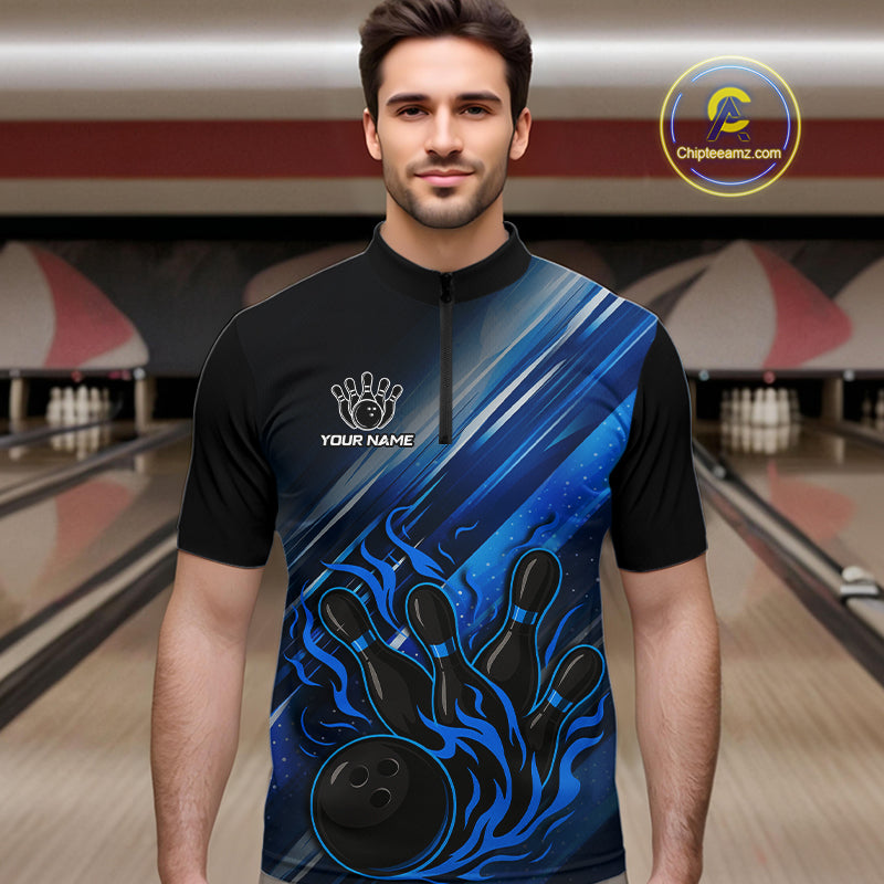 Black and Blue Flame Bowling Polo, Quarter Zip Shirt For Men Custom Team Mens Bowling Jerseys NQS10099