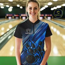 Load image into Gallery viewer, Black and Blue Flame Bowling Polo, Quarter Zip Shirt For Women Custom Team Ladies Bowling Jerseys NQS10099