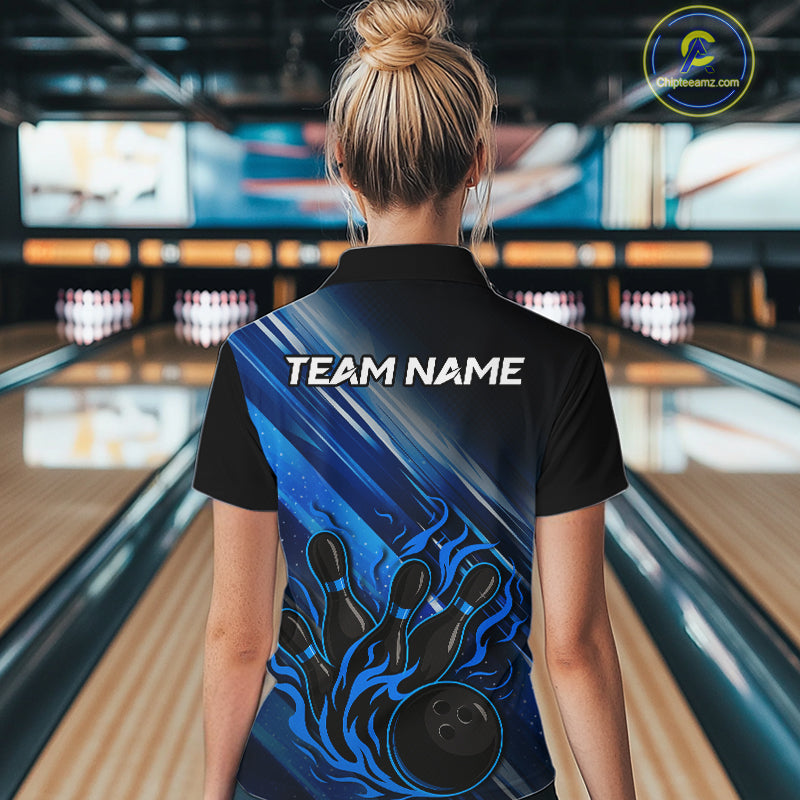 Black and Blue Flame Bowling Polo, Quarter Zip Shirt For Women Custom Team Ladies Bowling Jerseys NQS10099