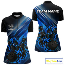 Load image into Gallery viewer, Black and Blue Flame Bowling Polo, Quarter Zip Shirt For Women Custom Team Ladies Bowling Jerseys NQS10099