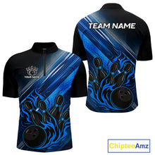 Load image into Gallery viewer, Black and Blue Flame Bowling Polo, Quarter Zip Shirt For Men Custom Team Mens Bowling Jerseys NQS10099