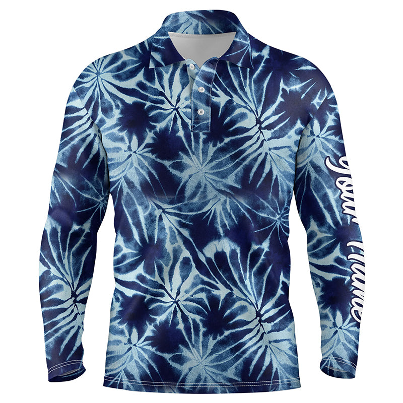 Mens golf polo shirts with blue tie dye background custom name golf shirt, golfing gift NQS5919