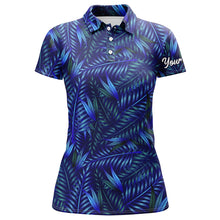 Load image into Gallery viewer, Womens golf polo shirts with blue dark tropical leaves custom name golf shirt, golfing gifts NQS5920