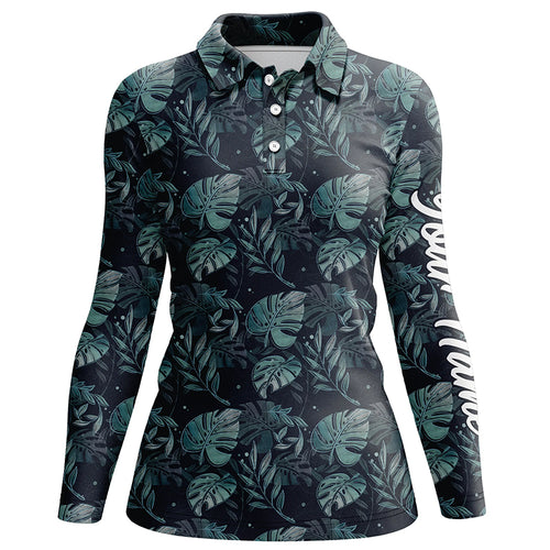Womens golf polo shirts with monstera leaves tropical custom name golf shirt, golfing gifts NQS5921