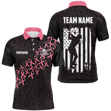 Load image into Gallery viewer, Pink ribbons Breast Cancer Awareness Mens golf polo shirts custom American Flag golf apparel for mens NQS8034