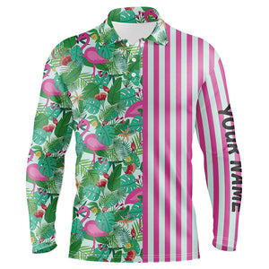 Pink Flamingo green tropical pattern stripes Mens golf polo shirts custom golf outfits for men NQS8035