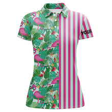 Load image into Gallery viewer, Pink Flamingo green tropical pattern stripes Women golf polo shirts custom golf outfits for Women NQS8035