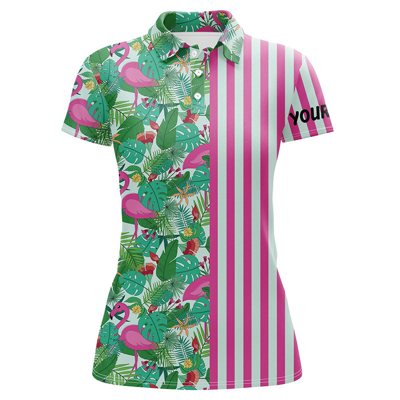 Pink Flamingo green tropical pattern stripes Women golf polo shirts custom golf outfits for Women NQS8035