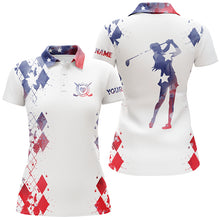 Load image into Gallery viewer, Womens golf polo shirt watercolor American flag custom name white golf shirt NQS3735