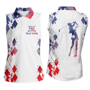 Women sleeveless polo shirt watercolor American flag custom name white golf shirt NQS3735