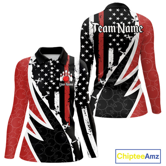 Red, White and Black American Flag Bowling Shirts for Women Custom Patriotic Team Bowling Jersey NQS10429